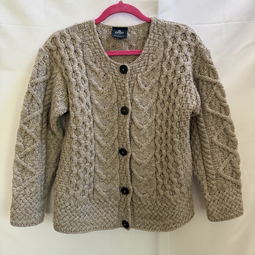 Aran Woollen Mills Sweater Cardigan Womens M Brown Merino Wool Cable Knit Button